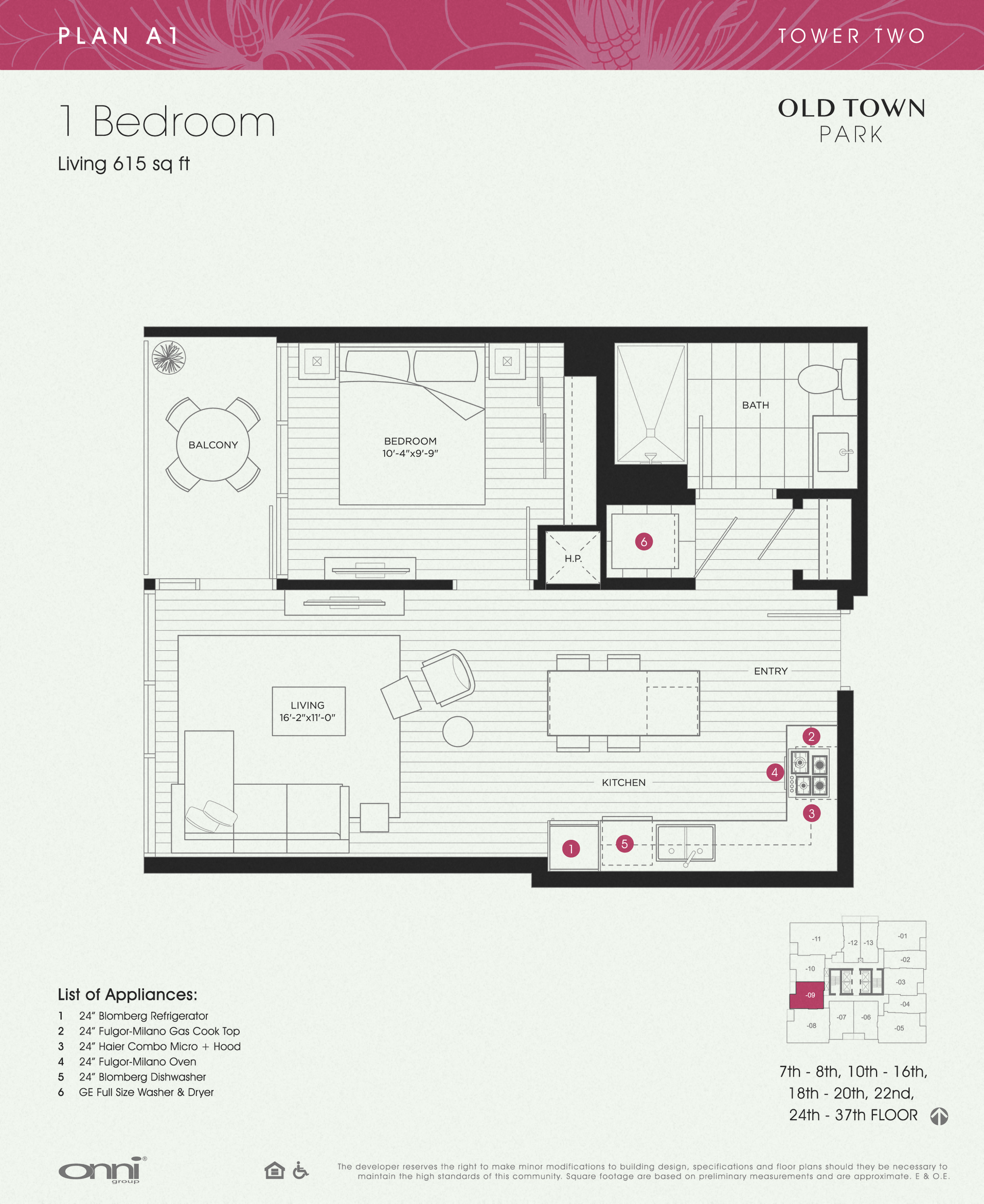 Floor plan for 1 bed, 1 bath, 615 sqft